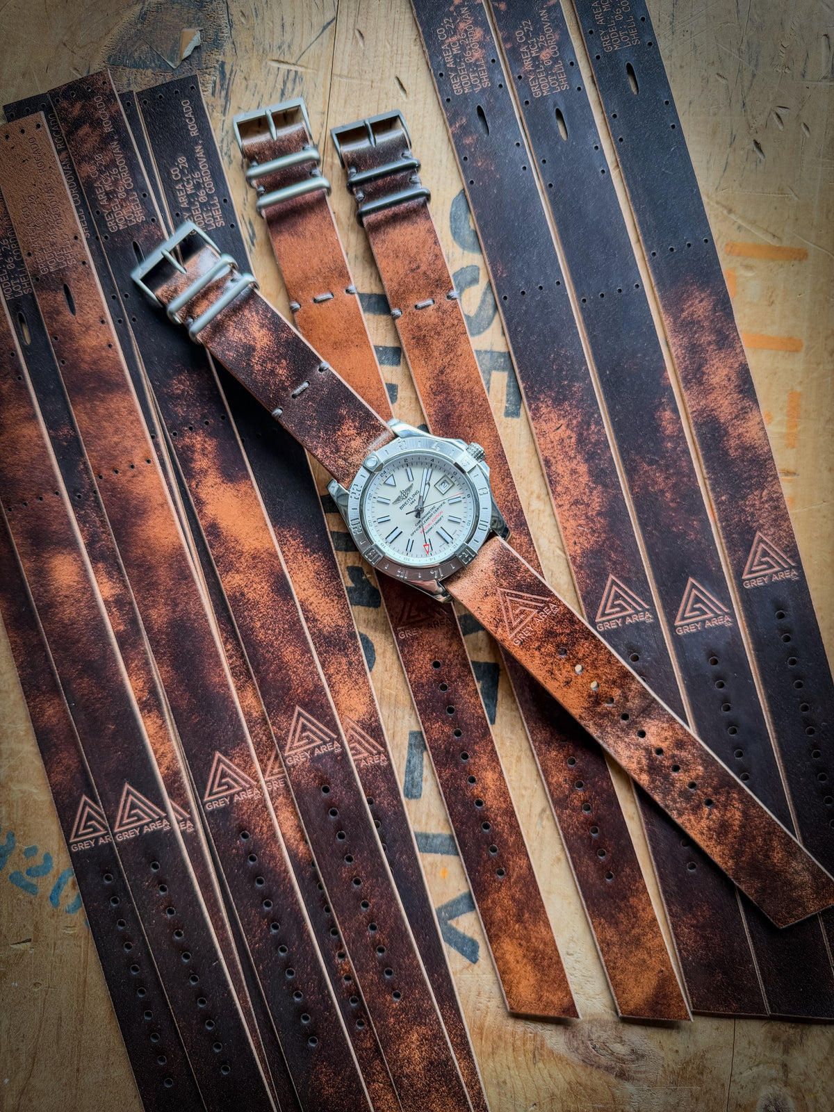 Brown Marble Shell Cordovan MC1, handmade shell cordovan watch strap by Grey Area Co. Photo 2.