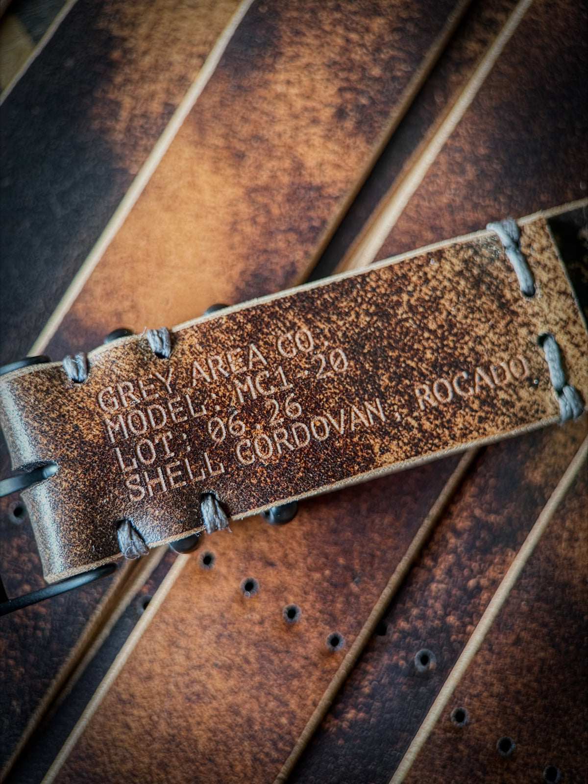 Brown Marble Shell Cordovan MC1, handmade shell cordovan watch strap by Grey Area Co. Photo 6.